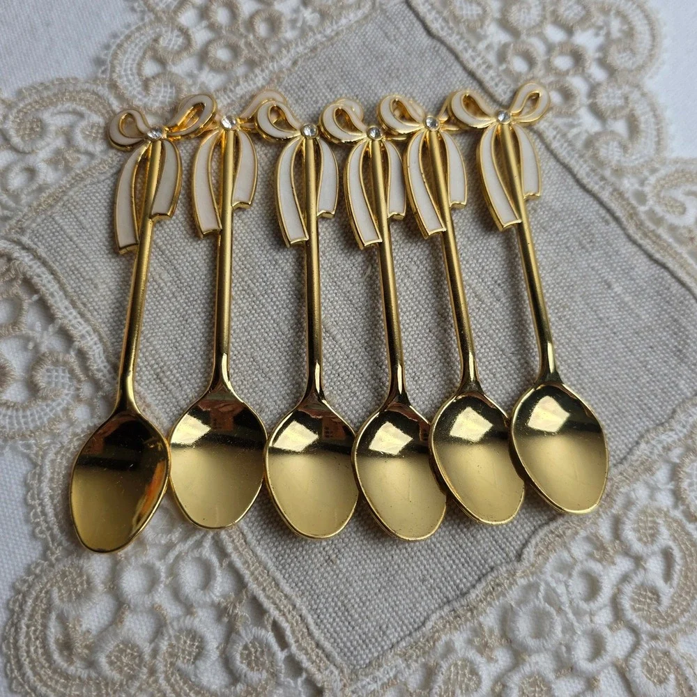 Gold Tone Swan Base 6 Bow Rhinestone Spoon Set Enamel Glam Coffee Spoons